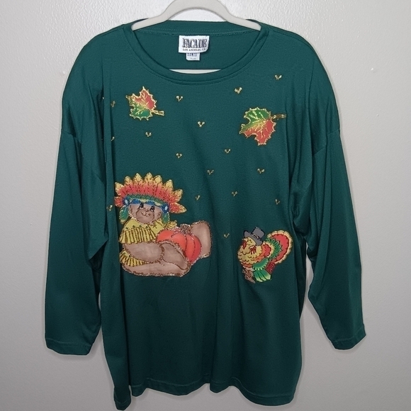 Facade Tops - VTG 80s Thanksgiving Women's Plus OS Shirt Green Shoulder Pads Facade USA NWOT
